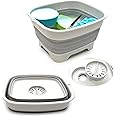 SAMMART 9.1L (2.4Gallon) Collapsible Dishpan with Draining Plug - Foldable Washing Basin - Portable Dish Washing Tub - Space Saving Kitchen Storage Tray (1, Grey)