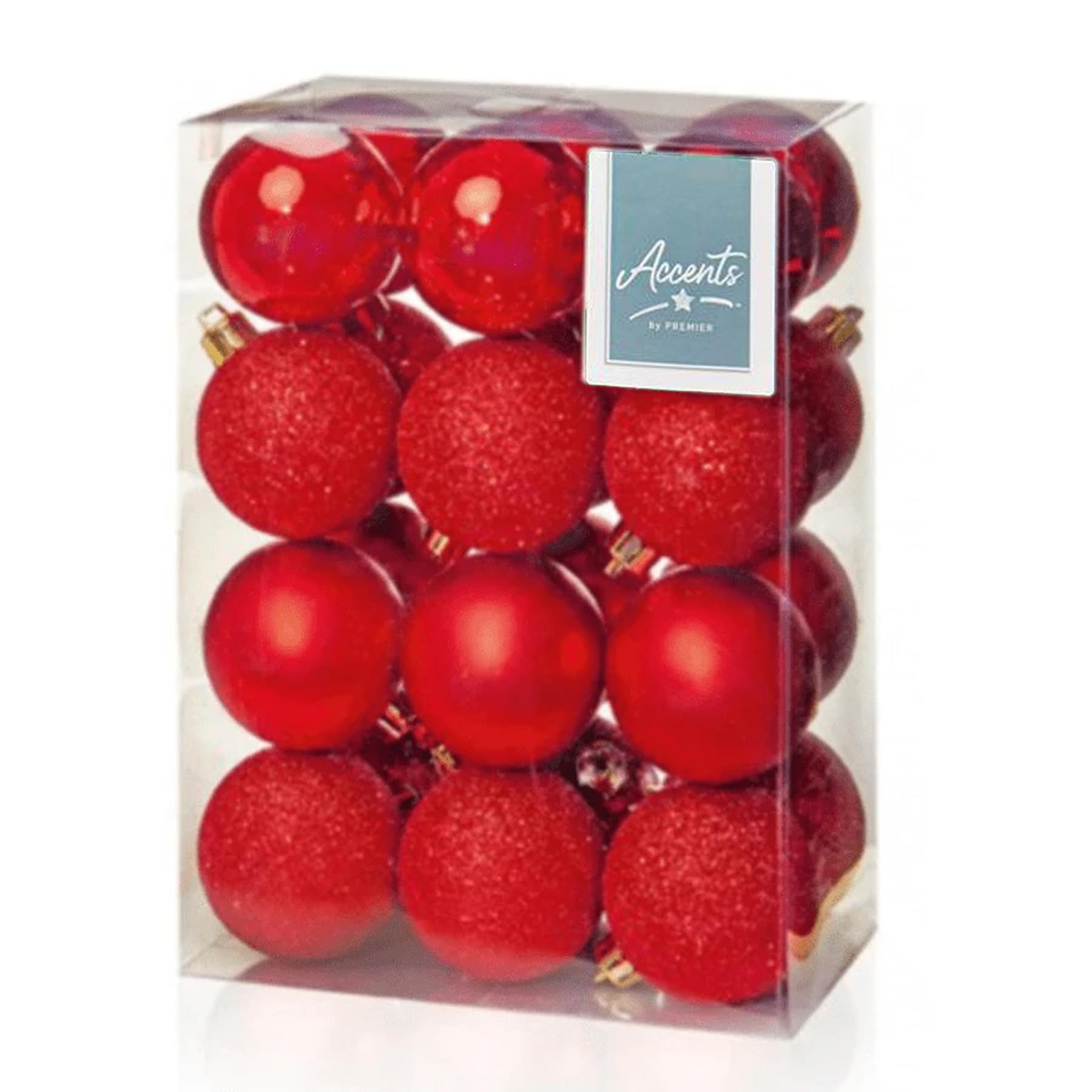 Shatterproof Christmas Baubles 24 Pack 60mm Premier Christmas Tree Decoration, matt, shinny and glitter baubles (Red 5467)