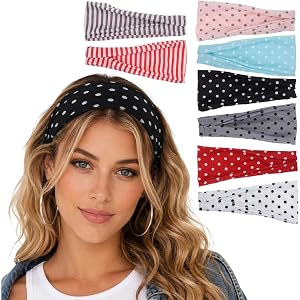 YUXIANLB 8pcs Polka Dot Headband for Women, Trendy Wide Stripe Elastic | soft fabric, Y2K style head wraps, non slip workout