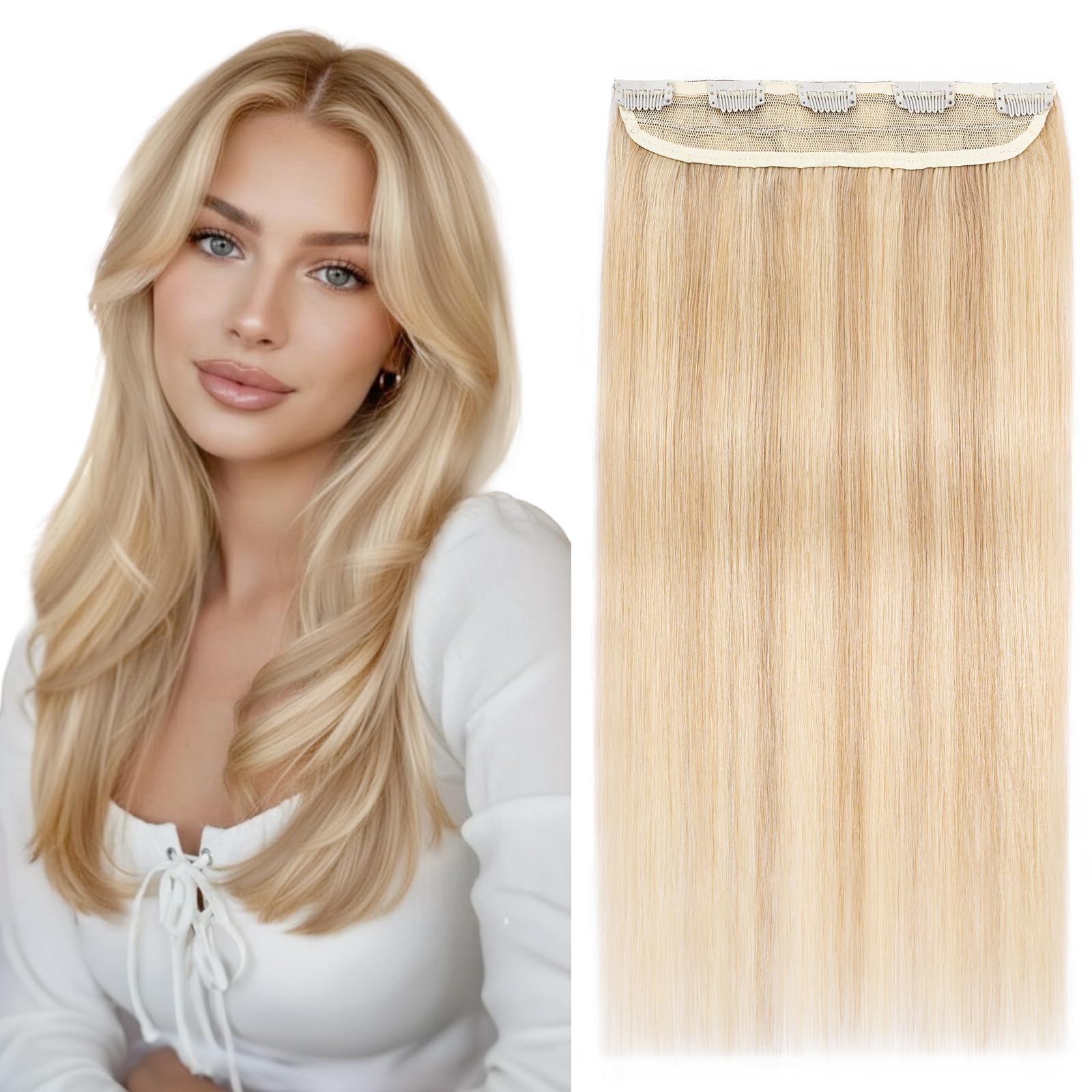S-noilite Clip in Hair Extensions Human Hair Ash Blonde/Bleach Blonde - One Piece Hair Extensions Clip in Real Hair 10 Inch (40 g)