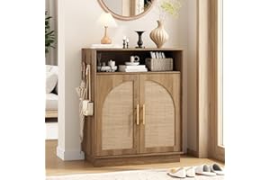 Rattan Shoe Storage Cabinet with 2 Arched Doors, 5-Tier Wood Shoe Organizer with Adjustable Shelves, Farmhouse Boho Shoe Rack