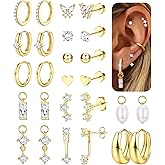 LOLIAS Hypoallergenic 14K Gold Plated Flat Back Earrings for Women-Surgical Stainless Steel Earrings Stacks 20G Hoop Stud Cartilage Earring Flatback Stud Earring Sets for Multiple Piercing Jewelry