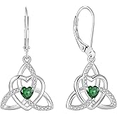 YIFSIY Trinity Knot Earrings Celtic Knot Leverback 925 Sterling Silver Dangle Drop Earring for Women Heart Birthstones Jewelry Gifts