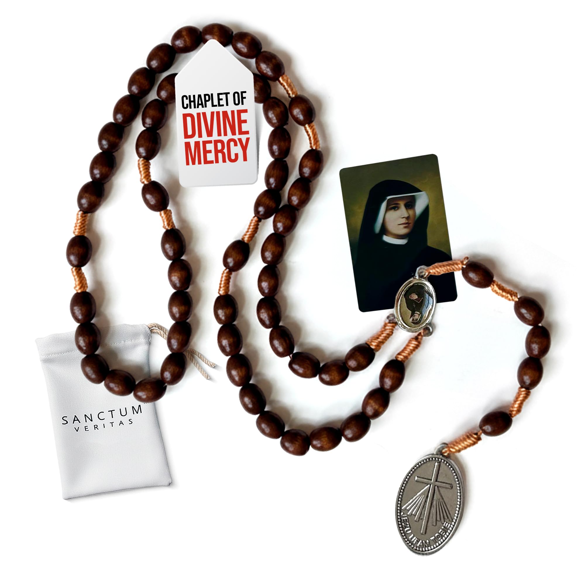 Saint Faustina Kowalska Chaplet True Relic Apostle Divine of Mercy Miraculous Medal Jesus I Trust in You Chaplet Three O ' Clock Prayer Poland Polish Novena Brown on Cord