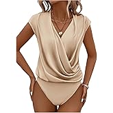OYOANGLE Women's Cap Sleeve Draped Front Ruched Bodysuit Elegant Dressy Casual Body Suit Top