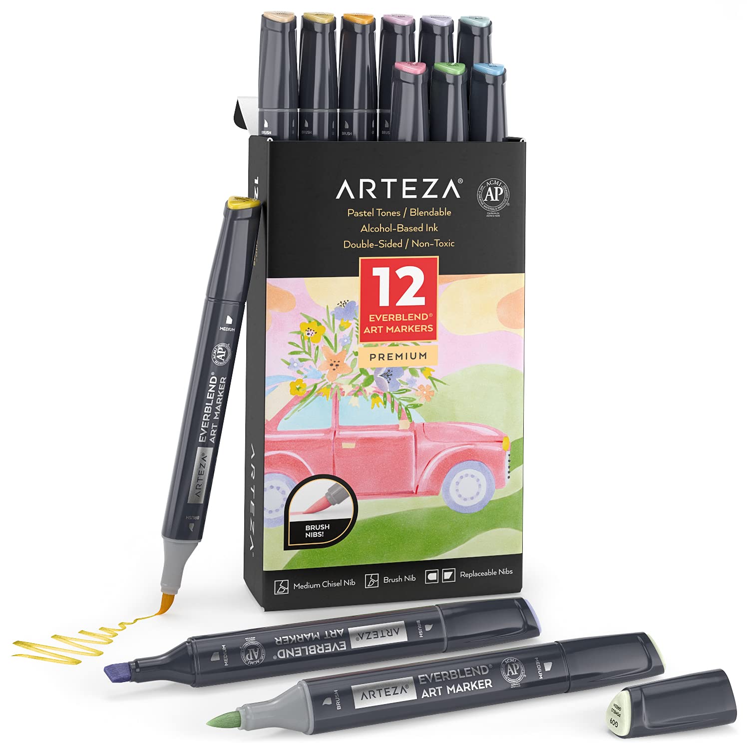 ARTEZA EverBlend Ultra Alcohol Marker Pens [Set of 12 Pastel Colours], Medium Chisel & Brush Tip, Art Supplies for Drawing & Sketching
