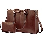 LOVEVOOK Laptop Tote Bag for Women, 15.6 Inch Large Capacity Vintage Leather Work Computer Bag, Business Casual Shoulder Handbag, Chestnut Brown