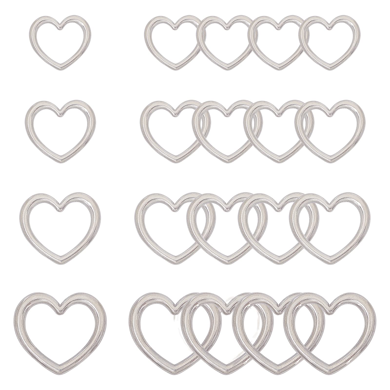 UNICRAFTALE About 16pcs 4 Sizes Heart Pattern Linking Rings Stainless Steel Frame Connectors 14/18/26/32mm Heart Connector Links for Women Jewelry Making, Stainless Steel Color