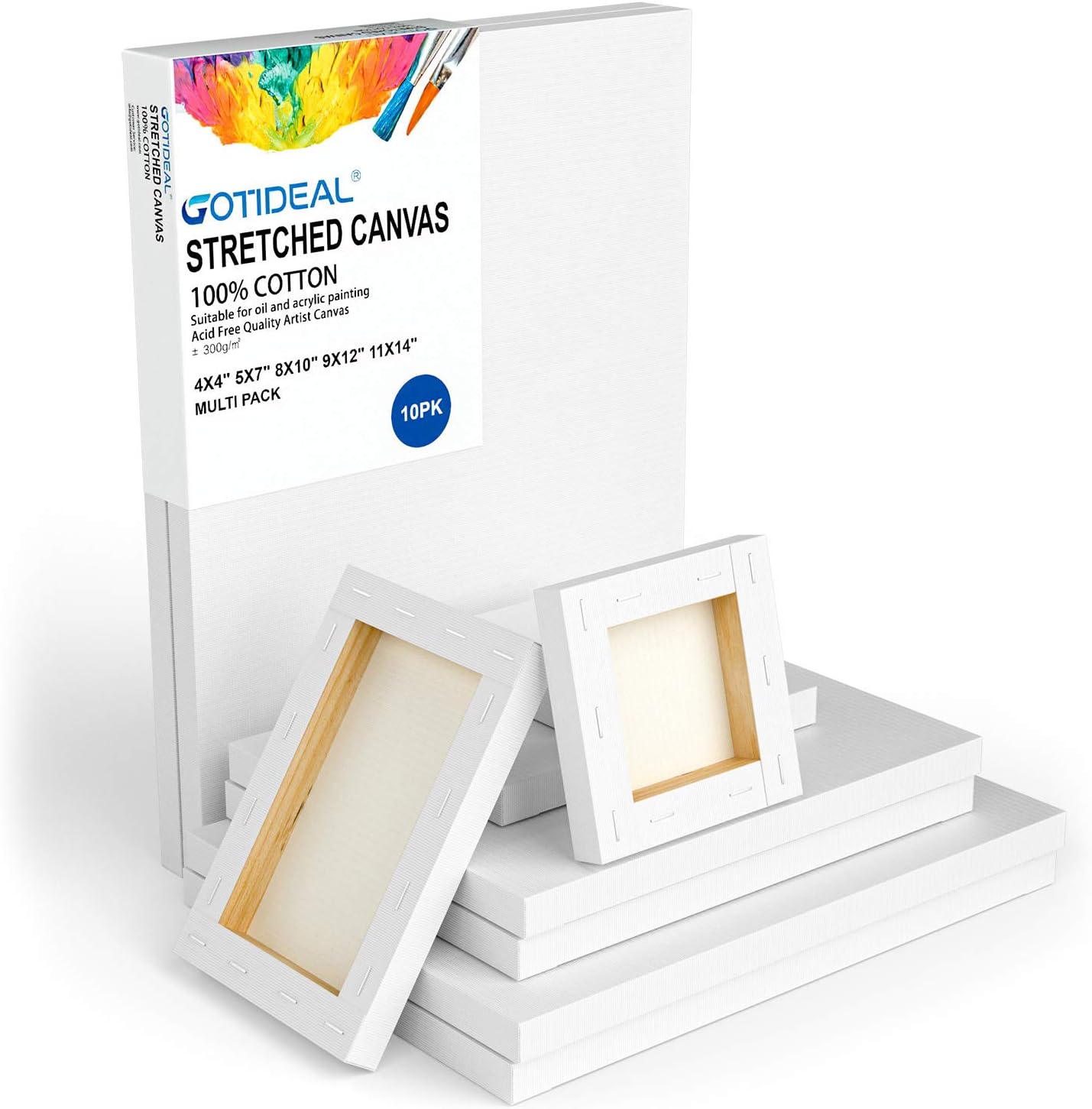 GOTIDEAL Stretched Canvas, Multi Pack 4x4", 5x7", 8x10", 9x12", 11x14" Set of 10, Primed White - 100% Cotton Artist Canvas Boards for Painting, Acrylic Pouring, Oil Paint Dry & Wet Art Media