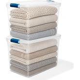 HOMZ Clear Plastic Storage Bins w/Latching Lid, 112 Qt, Blue Latch, 2 Pack | Stackable Organizing Containers for Home, Garage, and Office