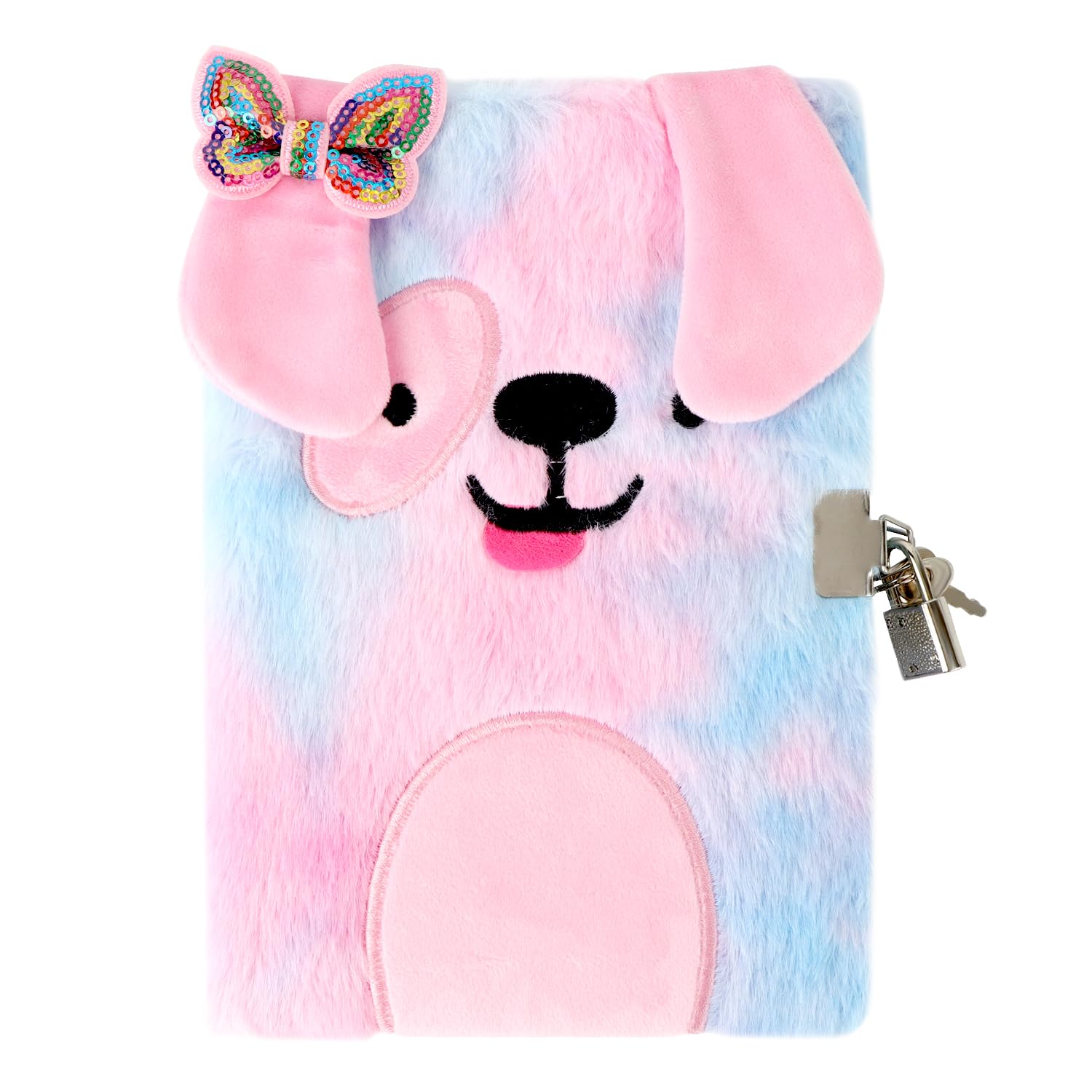 MOTIBACK Colourful Puppy Creative Password Fluffy Notebook,Tie-Dye Diary with Lock and Key for Writing and Drawing, Fuzzy Secret Journal Gift for Kids Girls Christmas Stocking Stuffers（Violet）