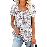 ROSELINLIN Womens Short Sleeve Shirts Loose Summer Floral Tunic Tops