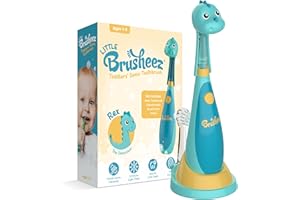 Brusheez Little Toddlers’ Sonic Toothbrush - Safe & Gentle Toothbrush for Ages 1-3 with Built-in, Light-Up 2-Minute Timer, Extra Brush Head, & Storage Base for First-Time Brushers (Rex The Dinosaur)
