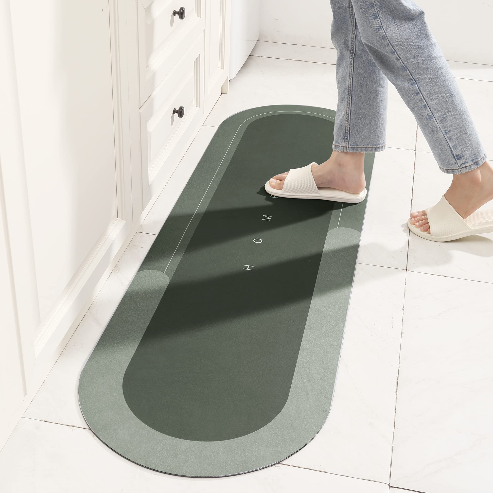 TOKLYUIE Super Absorbent Bath Mat Non Slip Anti Mould Quick-Drying Bathroom Mat Simple Kitchen Door Mat Machine Washable Large Living Room Carpet(45 x 150 cm, Oval Green) — image 1