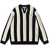 Aelfric Eden Mens Striped Crochet Fall Sweaters Vinatge V Neck Pullover Sweater Long Sleeve Knit Textured Sweater