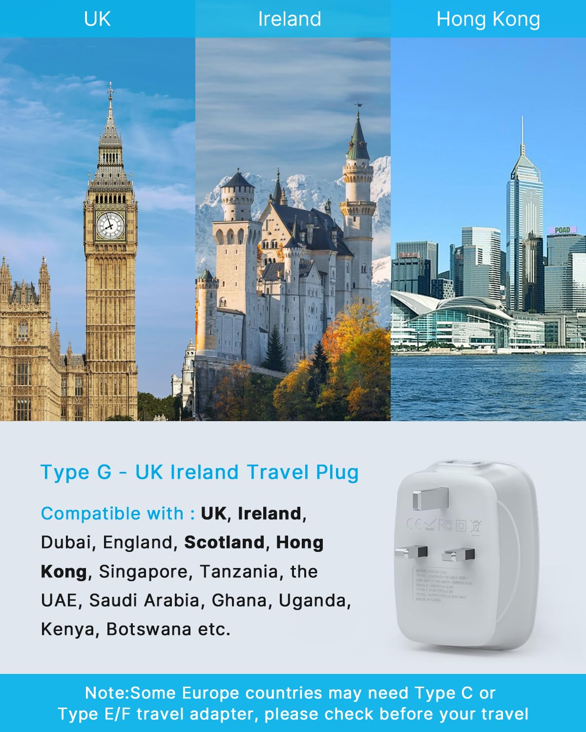 US to UK Ireland Travel Plug Adapter 2 Pack, VINTAR Type G Plug Adapter with 2 Outlets 4 USB Ports(1 USB-C), UK Power Adaptor Converter for USA to England Scotland Dubai Hong Kong British Kenya London