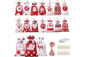 BSERG 24 Pcs Christmas Drawstring Gift Wrap Bags Reusable Advent Calendar Bags Cute Xmas Candy Toys Goody Treat Bag Pocket for Holiday Weedings Birthdays Party Favor Home Storage Gift Bag
