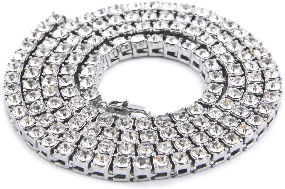 CharMen Jewelry Hip Hop 14K White Gold Plated Iced Out 1 Row Round Cut 5mm CZ Tennis Necklace, 20 24 30 inch