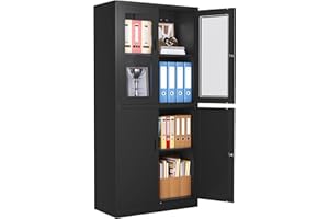 LISSIMO Metal Storage Cabinet with Glass Doors, Lockable Office Cabinet, 71" Tall Steel Cabinet with Adjustable Shelves for Home Office,School and Hospital (Black)