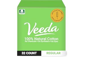 Veeda 100% Natural Cotton Compact Tampons Regular Absorbency - Applicator Free Tampons with Leak Proof Protection - Unscented, Chlorine & Toxin Free - 32 Count
