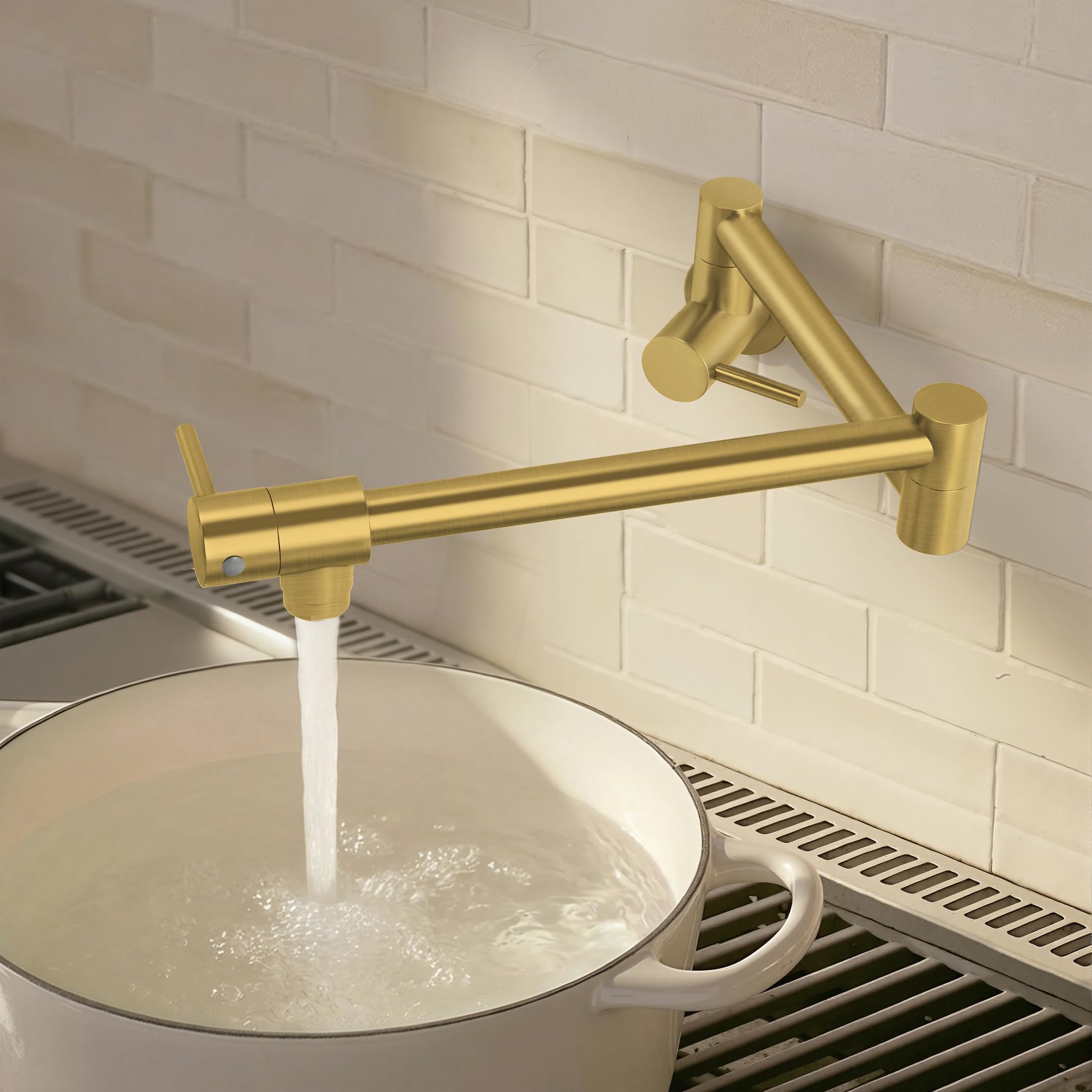 Photo 1 of KES Kitchen Gold Pot Filler Folding Faucet Brass Double Joint Swing Arm Sink Faucet Articulating Wall Mount Two Handle Brushed Gold, KN926LFF18-BZ