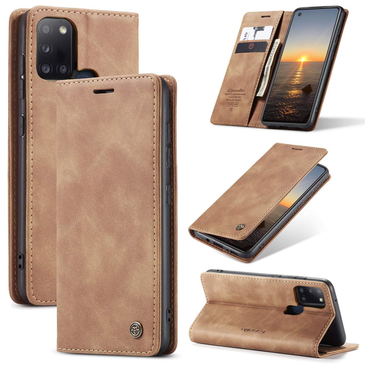 UEEBAI Wallet Case for Samsung Galaxy A21s, Premium PU Leather Case Vintage Matte Wallet Flip Cover [Card Slots] [Magnetic Closure] Stand Function Folio Shockproof Full Protection - Brown