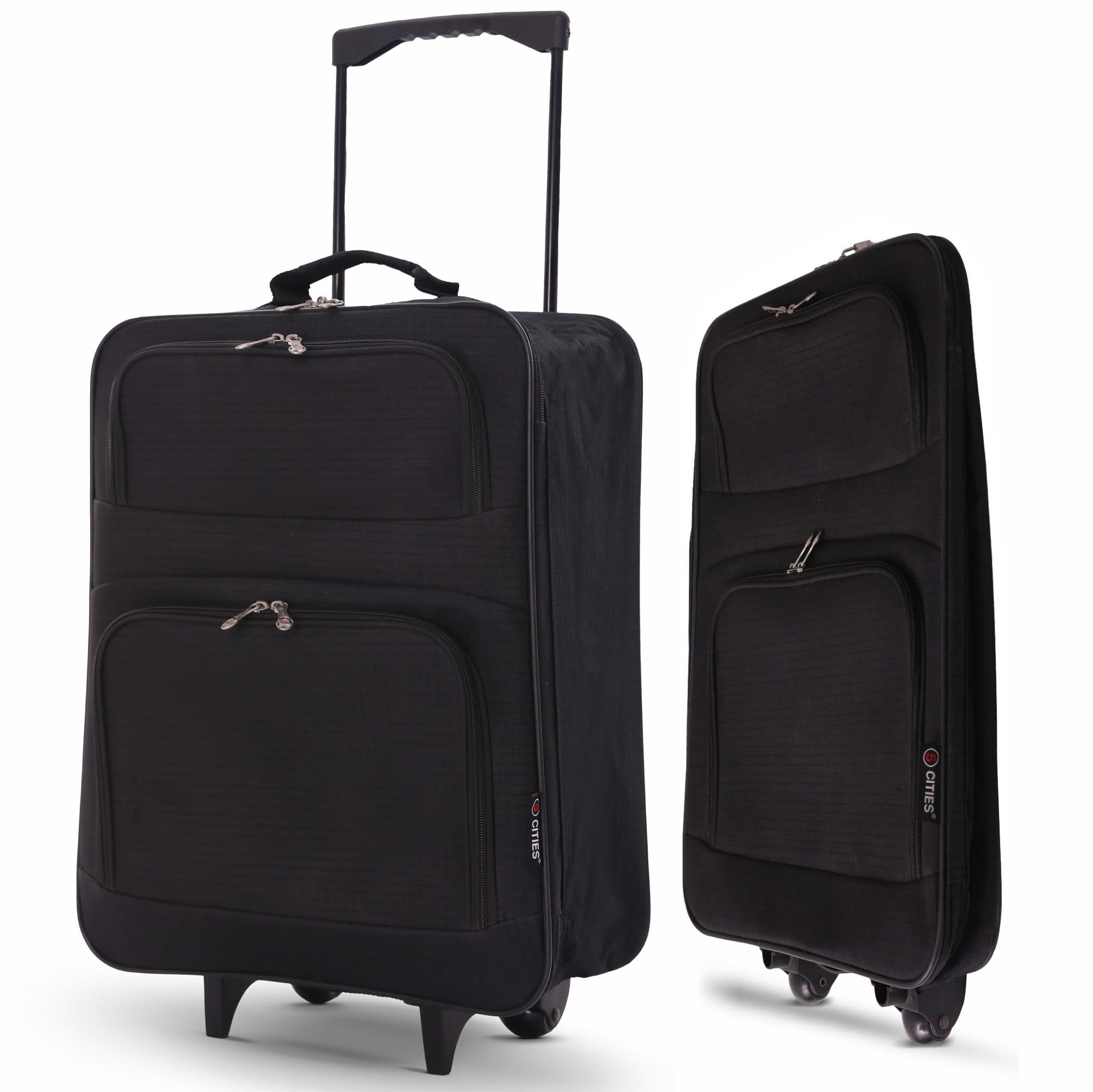 5 Cities Easyjet Ryanair 55x40x20cm Folding Cabin Bag Hand Luggage Carry On Suitcase, 2 Wheels, Black