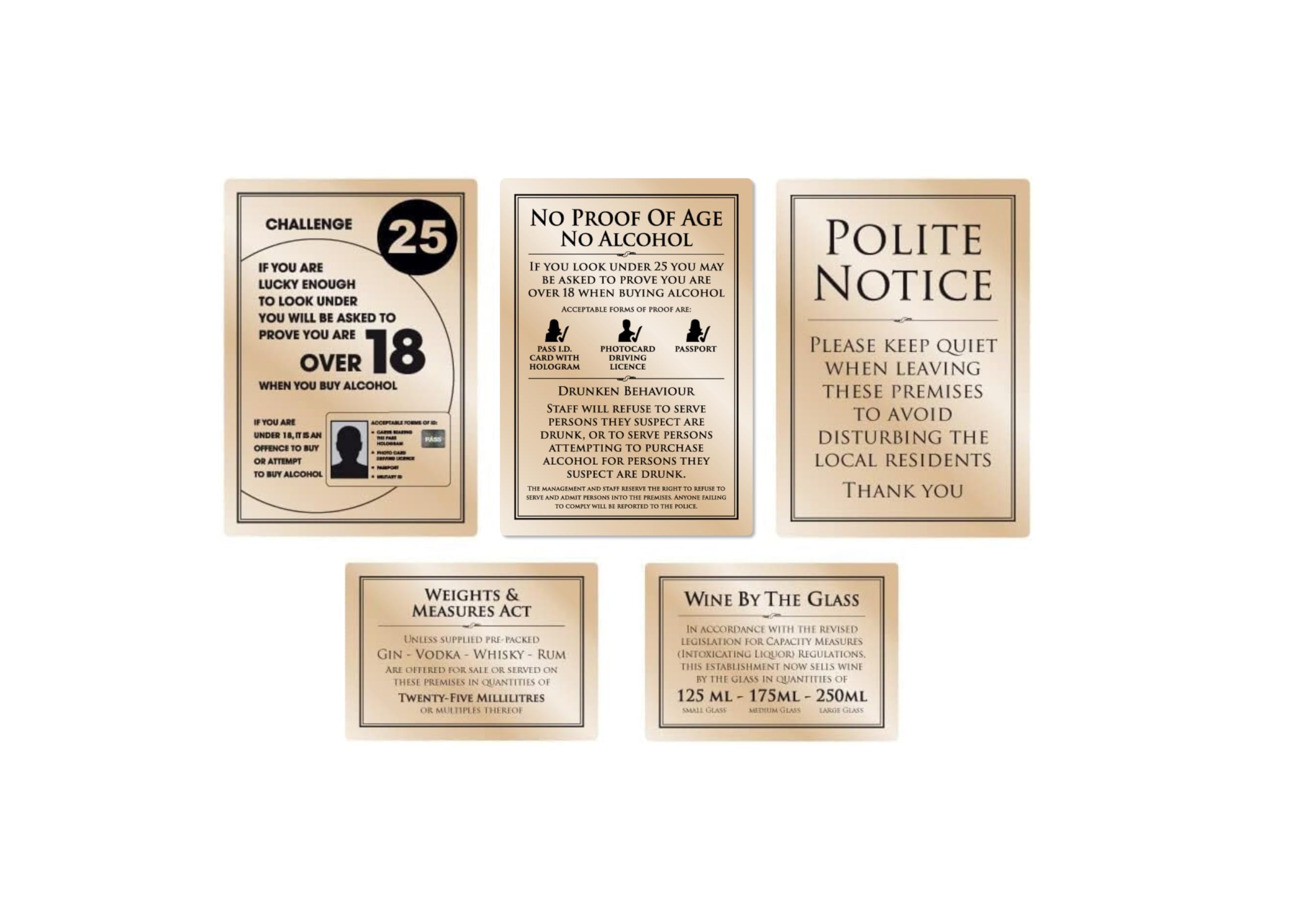 Essential Bar Licensing Pack - Gold Signs (5 Pcs, 25ml) - Challenge 25, Spirit Measures, Leave Premises Quietly