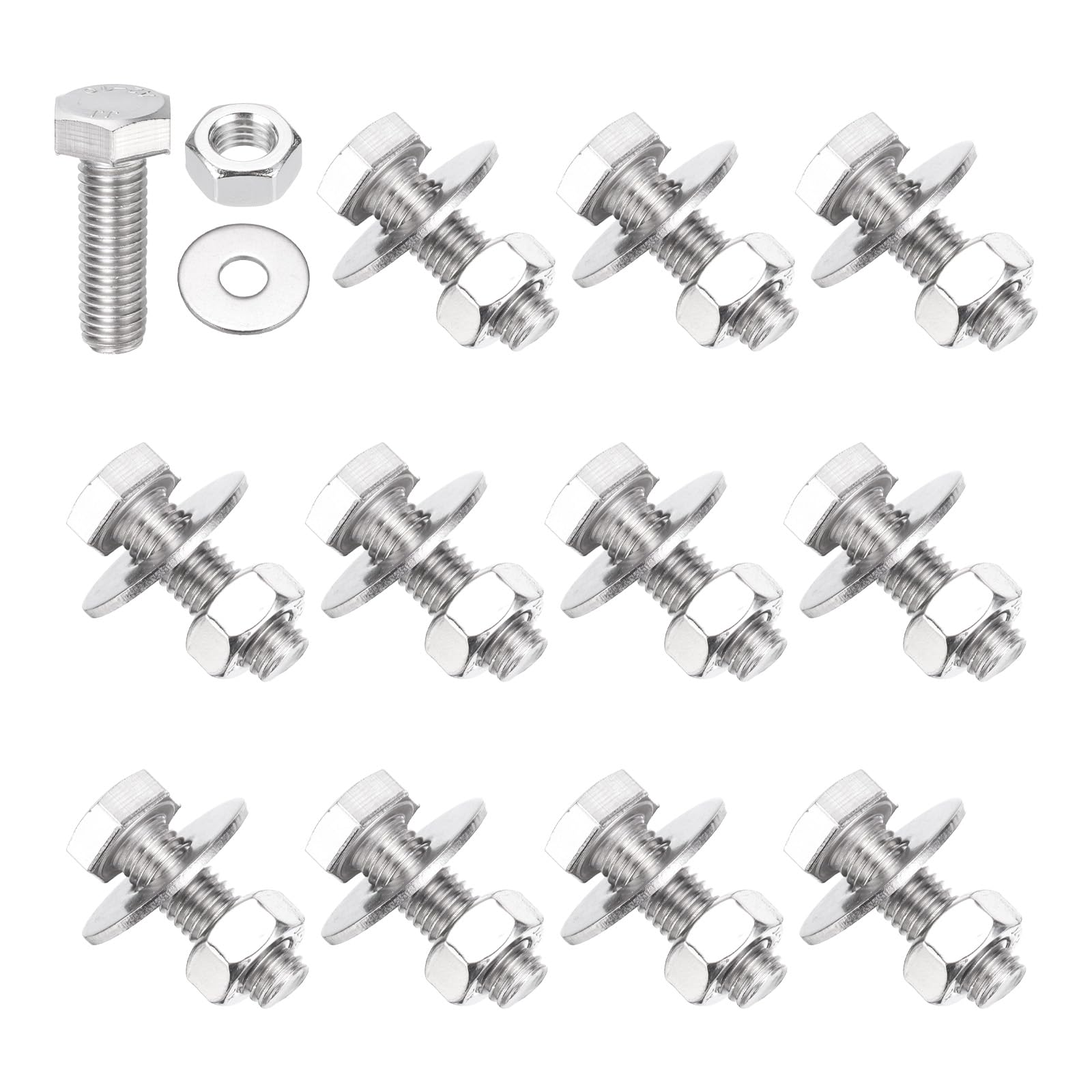 PATIKIL M10 x 30mm Hex Bolts, 12Pcs 304 Stainless Steel Hexagon Head Screws with Hex Nut Flat Washer Full Thread Fasteners Machine Screw Plain Finish for Furniture Engineering, Silver