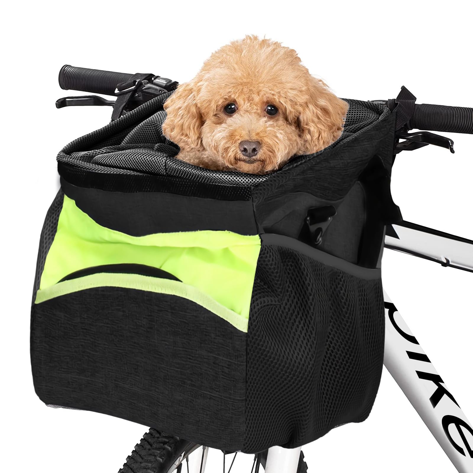 PETCUTE Dog Bike Basket Carrier,Multi-purpose Pet Bicycle Front Carrier Backpack for Bike,Foldable,Removable,Pet Bicycle Carrier with Side Storage Pockets,Shoulder Strap,Pet Travel Bag for Small Dogs
