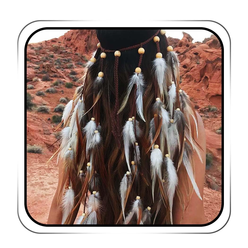 IYOU Boho Feather Headbands Brown Hippie Headpiece Tassel India Headdress Masquerade Gypsy Hair Accessories for Women and Girls