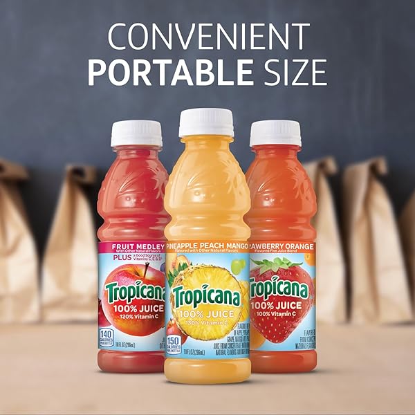 TROPICANA 100% JUICE VARIETY PACK – PINEAPPLE PEACH MANGO, FRUIT MEDLEY & STRAWBERRY ORANGE, SINGLE SERVE, 10 FL OZ BOTTLES (PACK OF 24) – VITAMIN C RICH, NO ADDED SUGARS, NO ARTIFICIAL FLAVORS