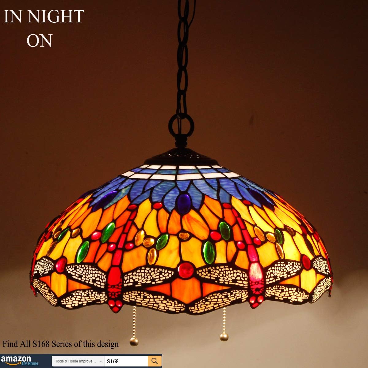 Tiffany Hanging Lamp 16 Inch(LED Bulb Included)Pendant Light Blue Orange Stained Glass Dragonfly Shade Chandelier Ceiling Fixture S168 WERFACTORY Decorate Dining Living Room Bedroom Cafe Hallway Loft - - 
