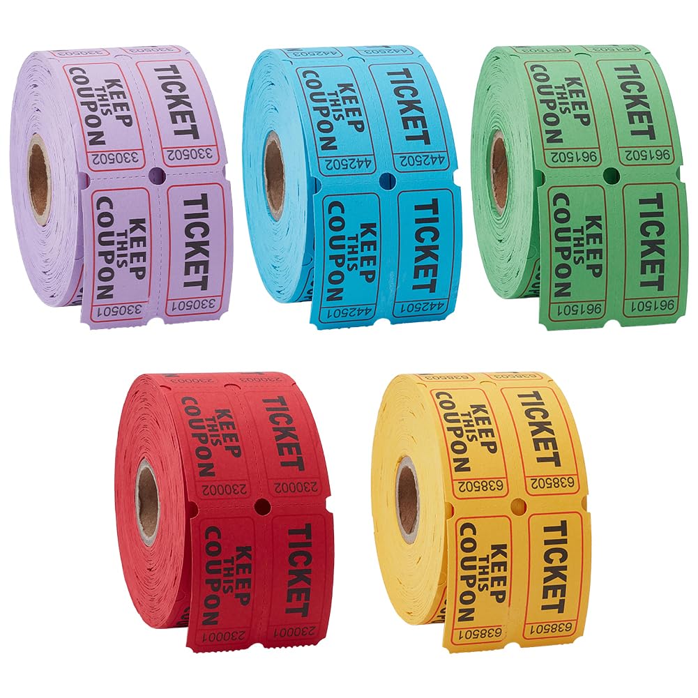 FREEBLOSS 5000 Pairs Double Raffle Tickets 50/50 Raffle Tickets Double Roll for Events, Door Prizes, Games, and Carnivals, 5 Colors 1000 Tickets per Roll