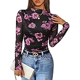 ZESICA Floral Long Sleeve Tops for Women Spring Mesh Mock Neck Ruched Fitted Shirts Going Out Blouses Trendy Clothes