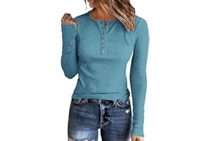 APOFER Womens Long Sleeves Ribbed Knit Tunic Shirts Scoop Neck Button Down Tops Casual Henley Tee Shirt Slim Fit Blouses