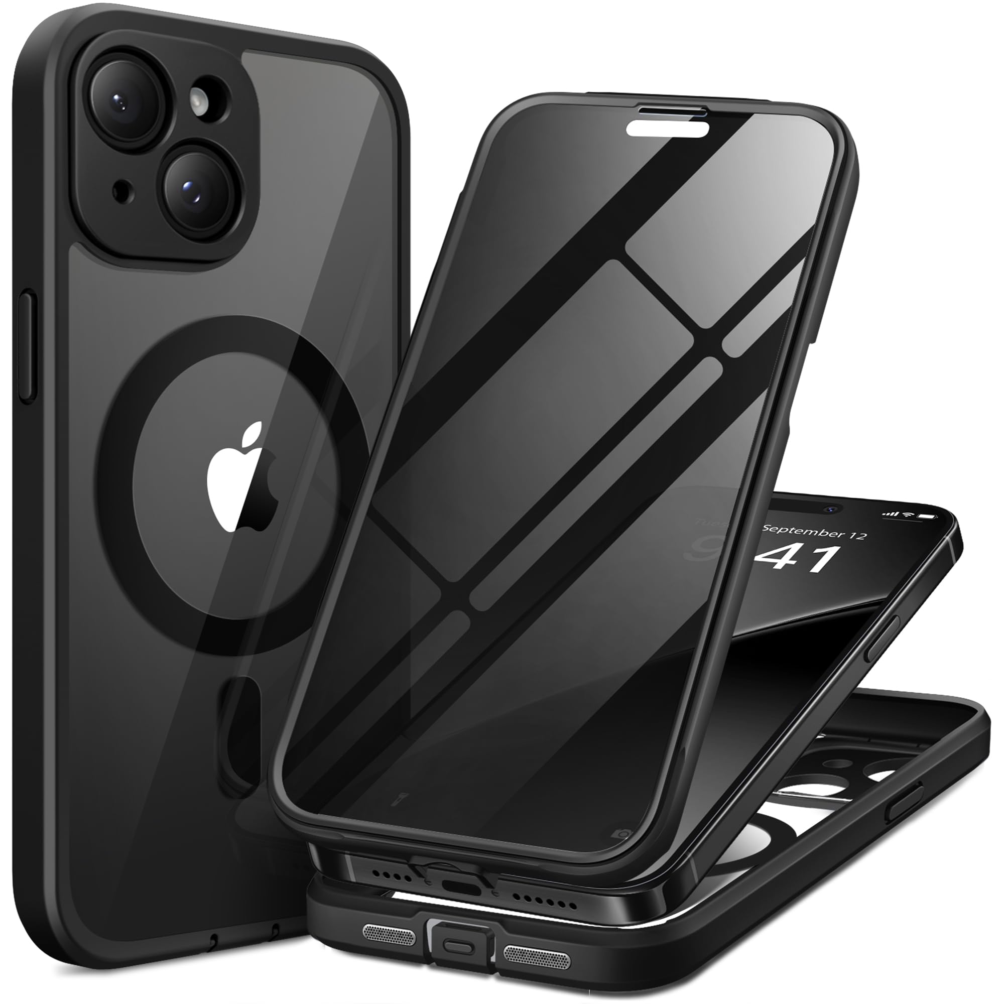 TIESZEN for iPhone 15 Case, Compatible with MagSafe, Built-in Privacy Screen Protector and Camera Protection, Anti Spy Full Body Dustproof Shockproof Hard Phone Case 6.1", Black — image 1