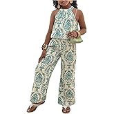 Floerns Girl's 2 Piece Outfit Vacation Sleeveless Halter Tops with Long Pants Set