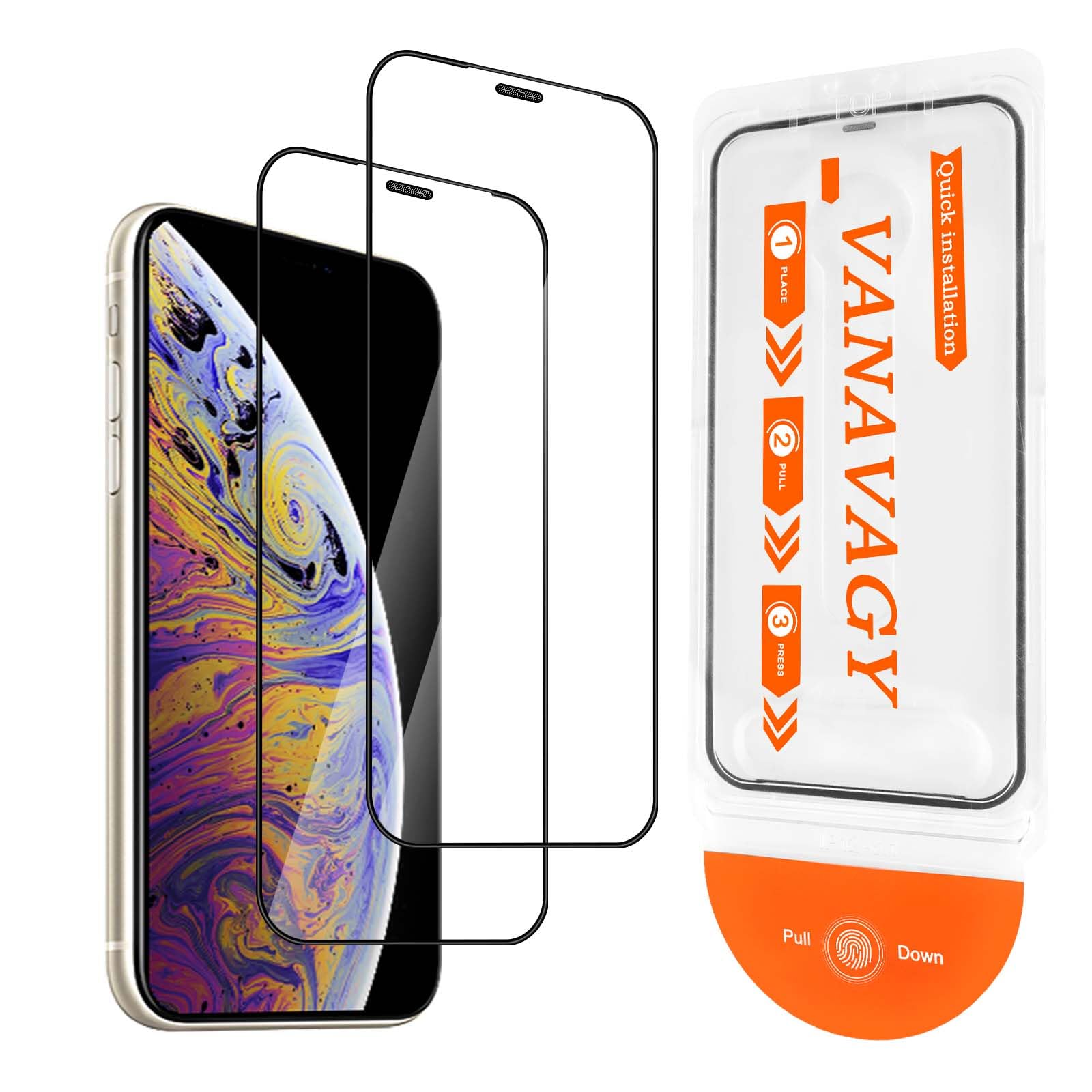 VANAVAGY Glass Screen Protector Compatible for iPhone Xs max 6.5 inch [2 Pack][Scratch Resistant], Film with Frame Full Coverage Case for Easy Installation