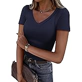 ANRABESS Women Short Sleeve V Neck Ribbed Knit Fitted Shirts Basic Tees Tops 2026 Summer Casual T-Shirts Going Out Outfits