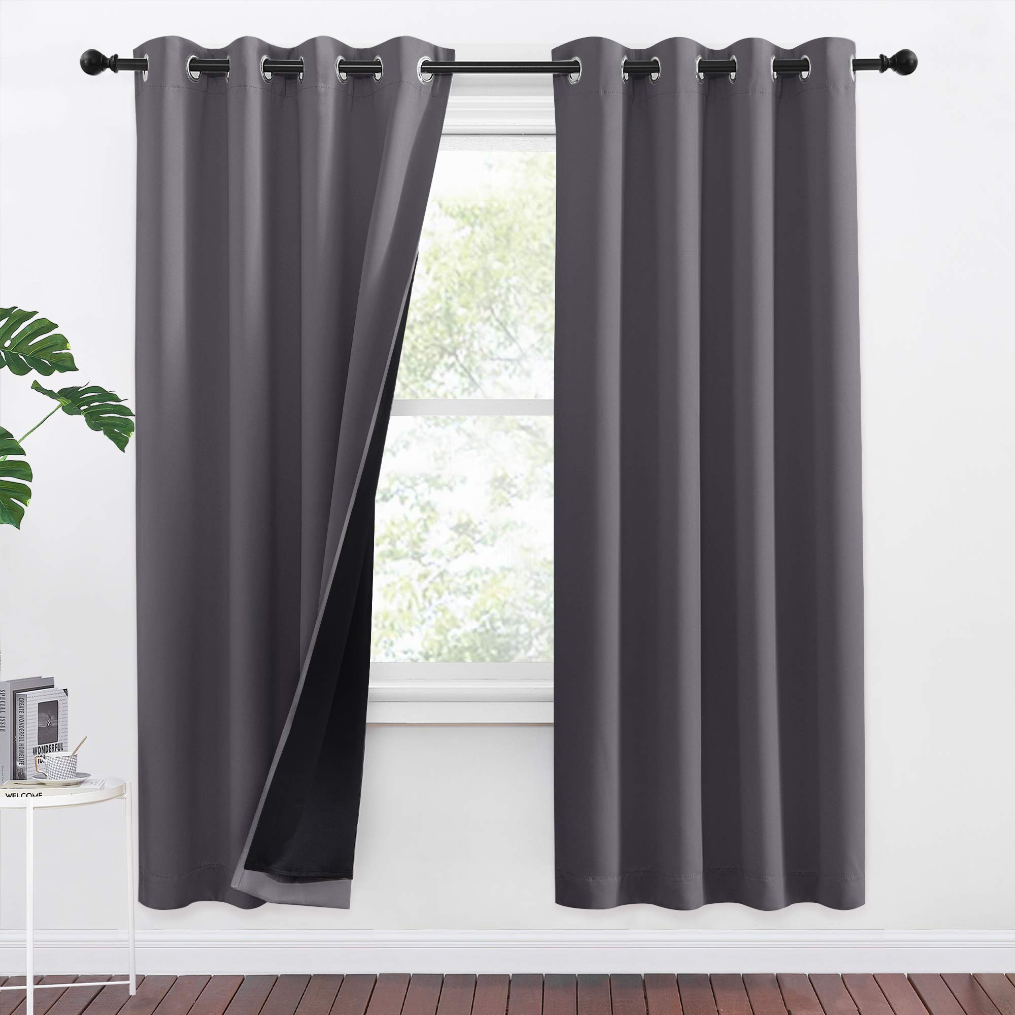 PONY DANCE 100% Blackout Double-Layer Curtains - Thermal Insulated 46x72 Inch Long Curtains for Bedroom Living Room, Energy Energy & Noise Reducing, Grey Grommet Blackout Drapes, 2 Panels
