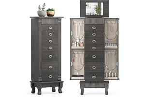 Giantex Standing Jewelry Cabinet with 7 Drawers, Flip-Top Mirror, 2 Side Doors with 12 Necklace Hooks, Divided Ring Compartments, Velvet-Lined Jewelry Armoire Organizer Chest (Weathered Gray)