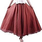Kafeimali Women Bohemian Cotton Linen Double Layer Elastic Waist Long Maxi Skirt