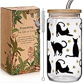 Enanaimg Black Cat 16oz Glass Cup With Lids and Straw Christmas Gifts for Cat Lovers Women Girls, Crazy Cats Lady Cup Gift for Friend Mom Mothers Day Bestie, Graduation Gifts for Friends
