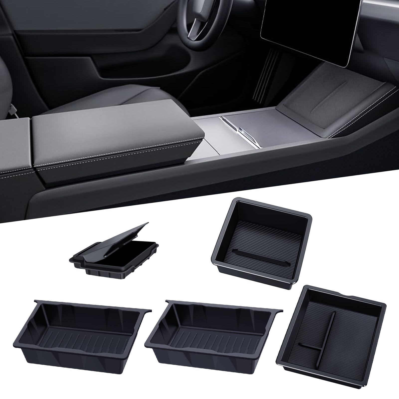 BANKKY 5PCS Center Console Organizer Tray for Tesla Model Y Juniper Accessories 2025, Center Console Storage Tray Armrest Hidden Box Orgainzer and Underseat Storage Box for New Model Y Image
