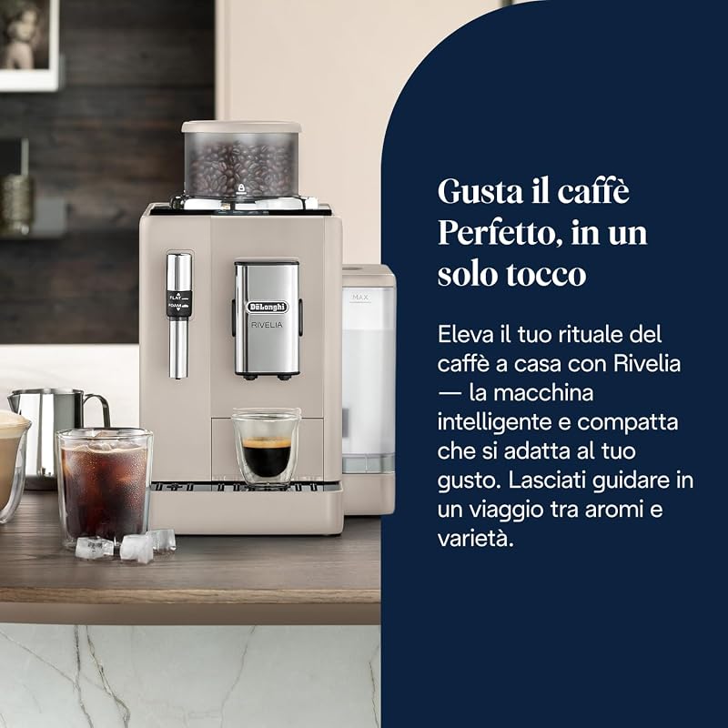Rivelia Perfetto EXAM440.35.BG, Macchina da Caffè Automatica, Chicchi Macinati al Momento, Portachicchi Intercambiabile, Montalatte Classico, 8 Ricette, Display Touch a Colori, Colore Beige