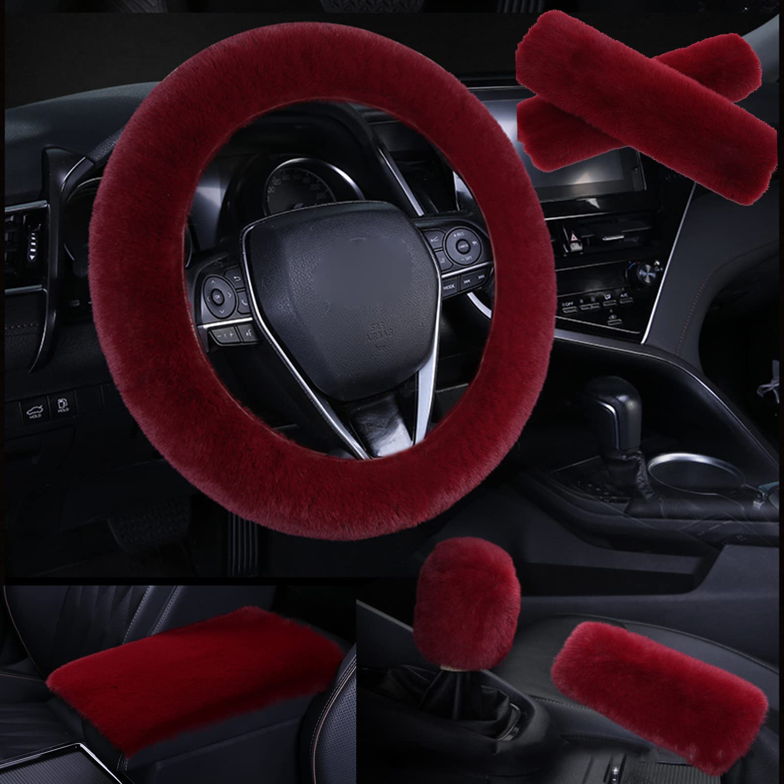 Photo 1 of 1 Set 6 Pcs Fluffy Car Steering Wheel Cover & Seat Belt Shoulder Pads & Handbrake Cover & Gear Shift Cover Set & Seat Belt Shoulder Pads Faux Wool Universal Fit Car Interior Accessories (Wine Red)