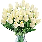 Sggvecsy 30 Pcs Fake Tulips Artificial Flowers Real Touch PU Faux Flowers Tulip Stems for Wedding Spring Bouquet Floral Arrangement Home Party Office Decorations for Mother's Day (Milk White)