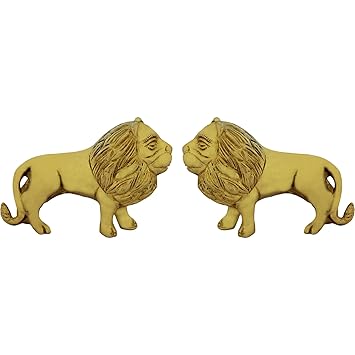 ITOS365 Animal Figurine Brass Statue of Lion Showpiece House Warming Metal Sculpture Home Décorative Gifts Item, Set of 2