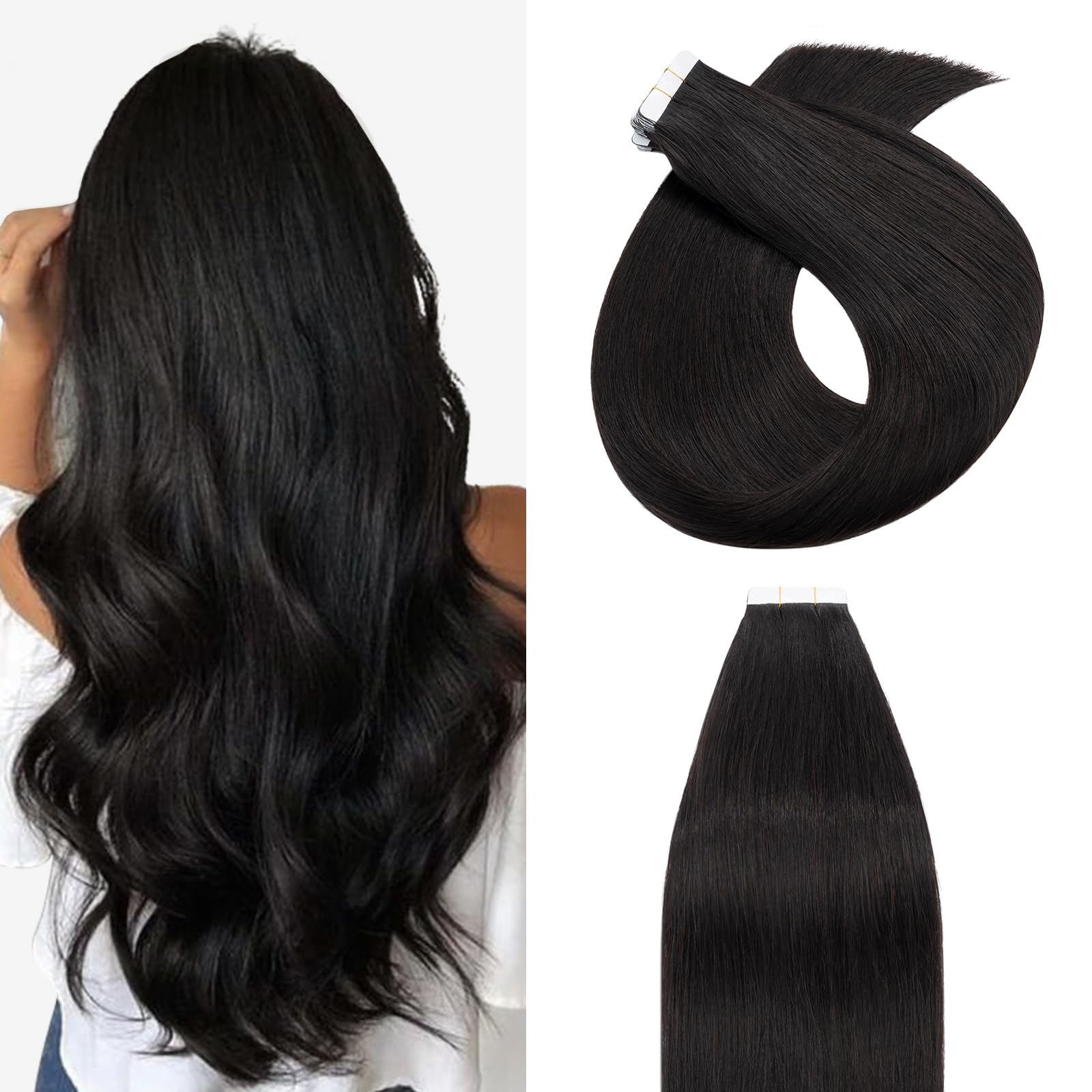Tape in Hair Extensions Human Hair 20inch #1B Natural Black Real Remy Hair Extension Skin Weft (20 Pcs, 50g/Set) — image 1